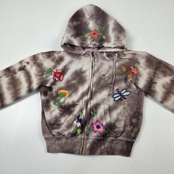 VTG Y2K Miss Me Hoodie Womens Small Tie-Dye Zip Up Embroidered Floral Butterfly - Picture 4 of 12